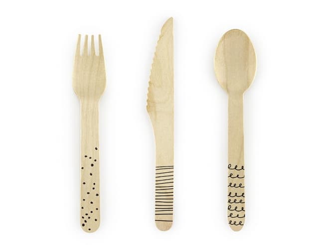 Dřevěný příbor, přírodní / černý, 16cm, 18 kusů